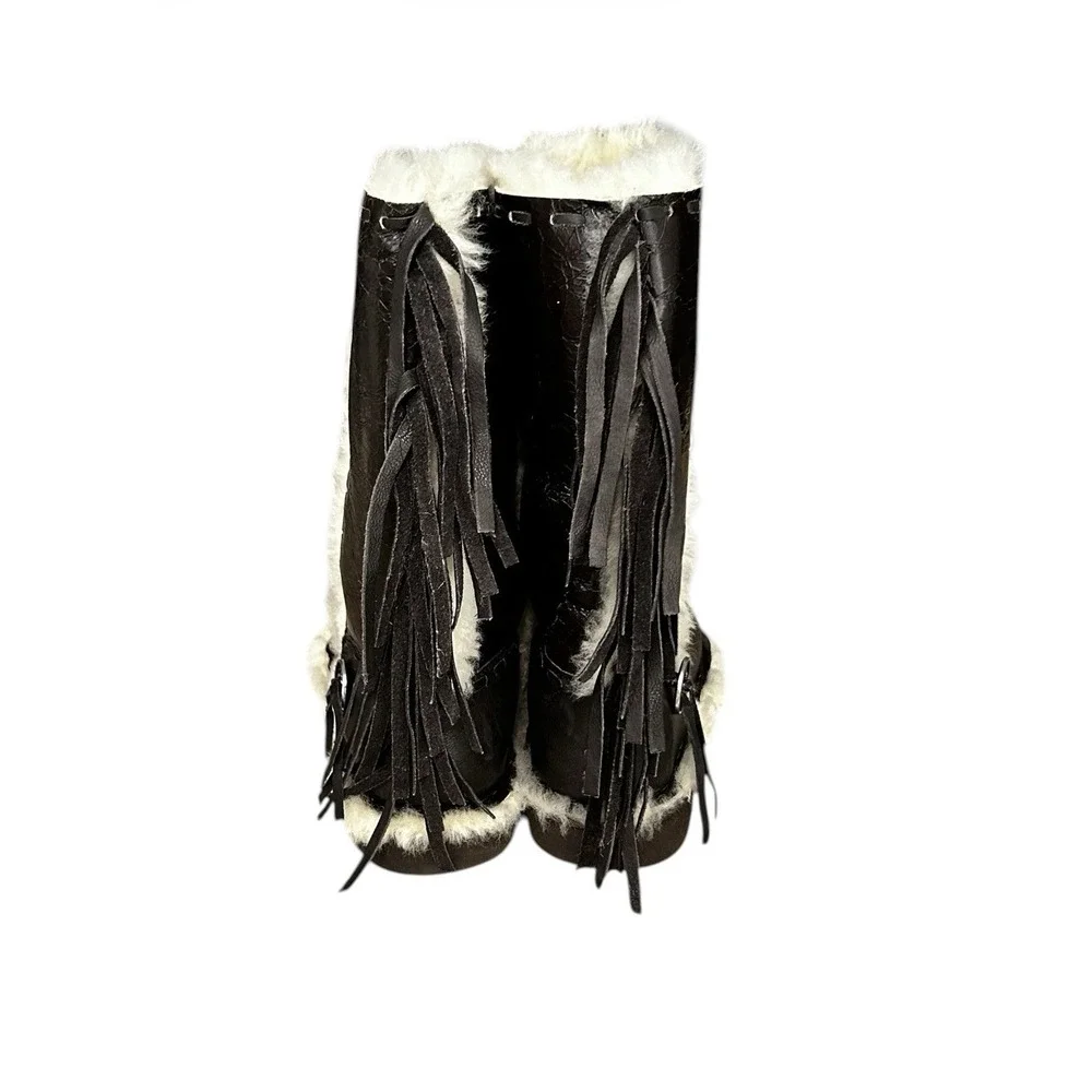 Koolaburra By UGG Sheepskin Fringe Boots Brown Fur Trim Sz 6 NWOB
